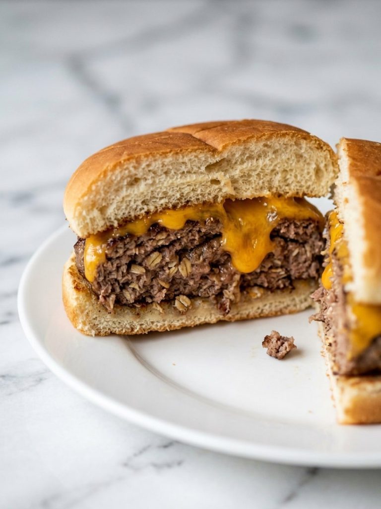 Close view of melted cheese over an oat-and-egg beef patty inside a hamburger bun