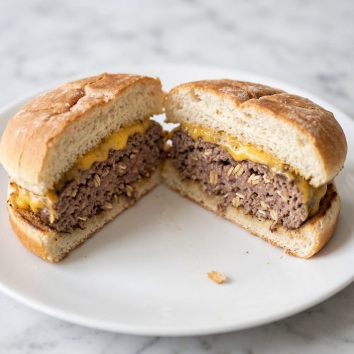 Amish cheeseburger with a cut beef patty, melted cheese, and a hamburger bun