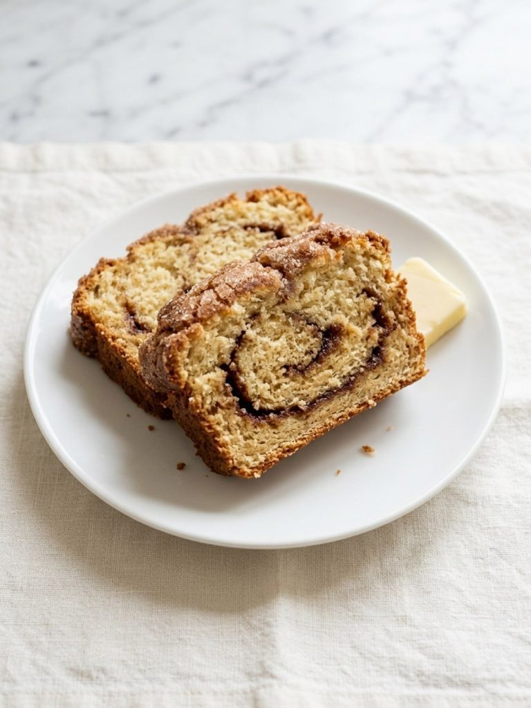 Two slices of cinnamon swirl quick bread on a small plate