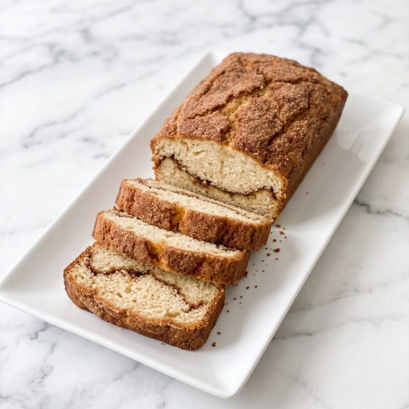 A loaf of Amish cinnamon bread with slices showing the cinnamon swirl
