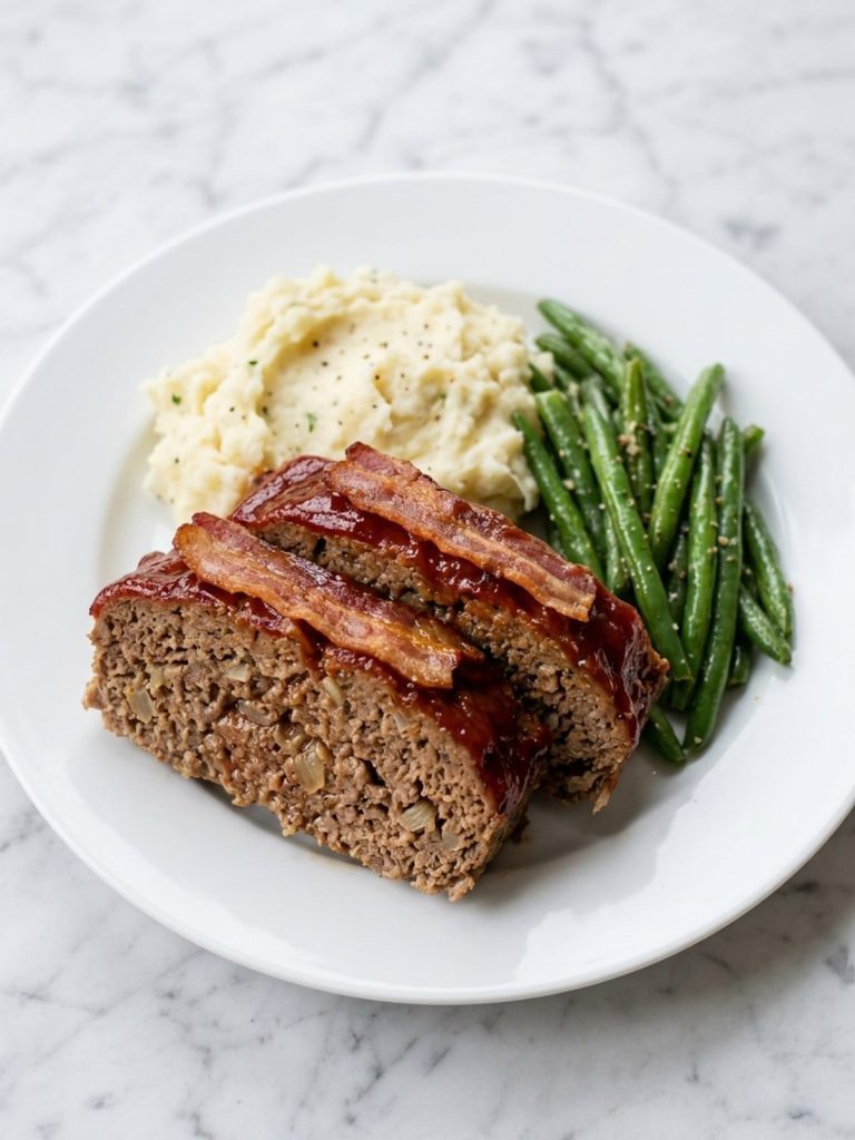 A thick slice of Amish meatloaf with bacon and sauce next to mashed potatoes and green beans