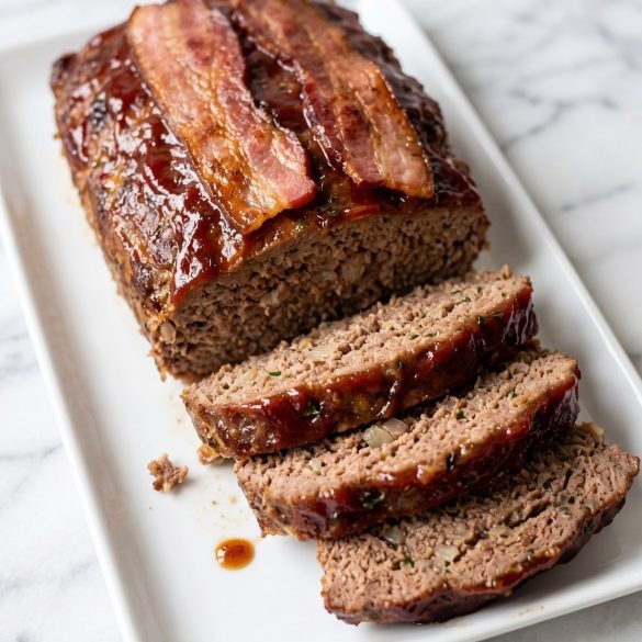 Amish meatloaf with bacon and a glossy ketchup brown sugar sauce, partly sliced