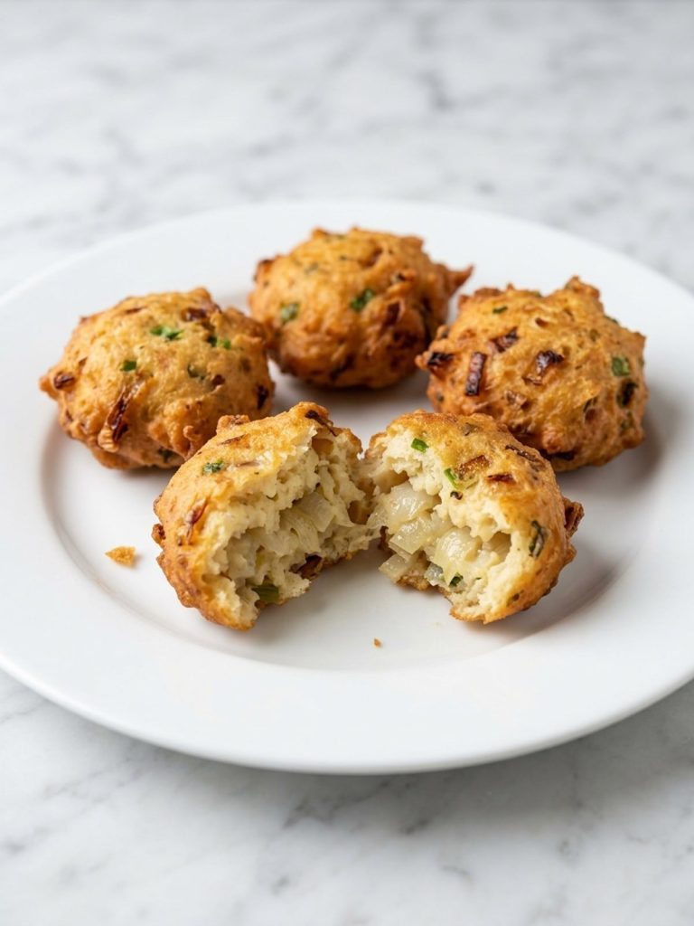 Close-up of crisp onion fritters, one broken open to show the tender onions inside