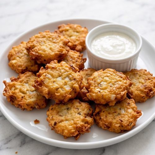 A plate of golden brown, crisp Amish onion fritters with a small bowl of ranch dressing