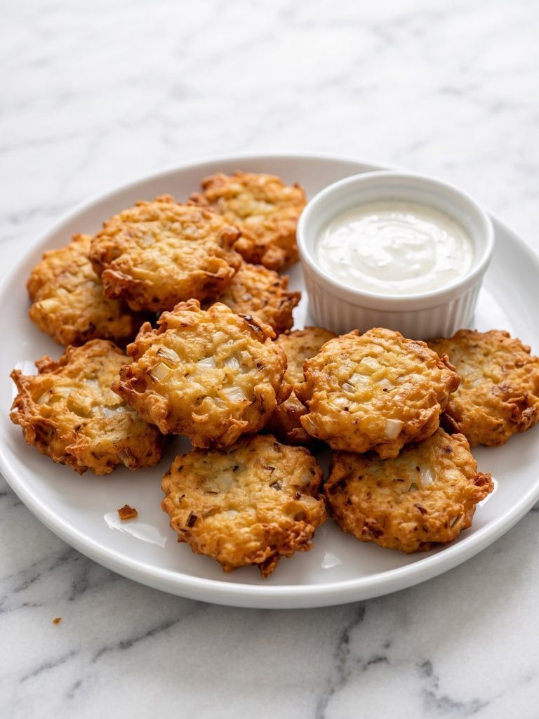A plate of golden brown, crisp Amish onion fritters with a small bowl of ranch dressing