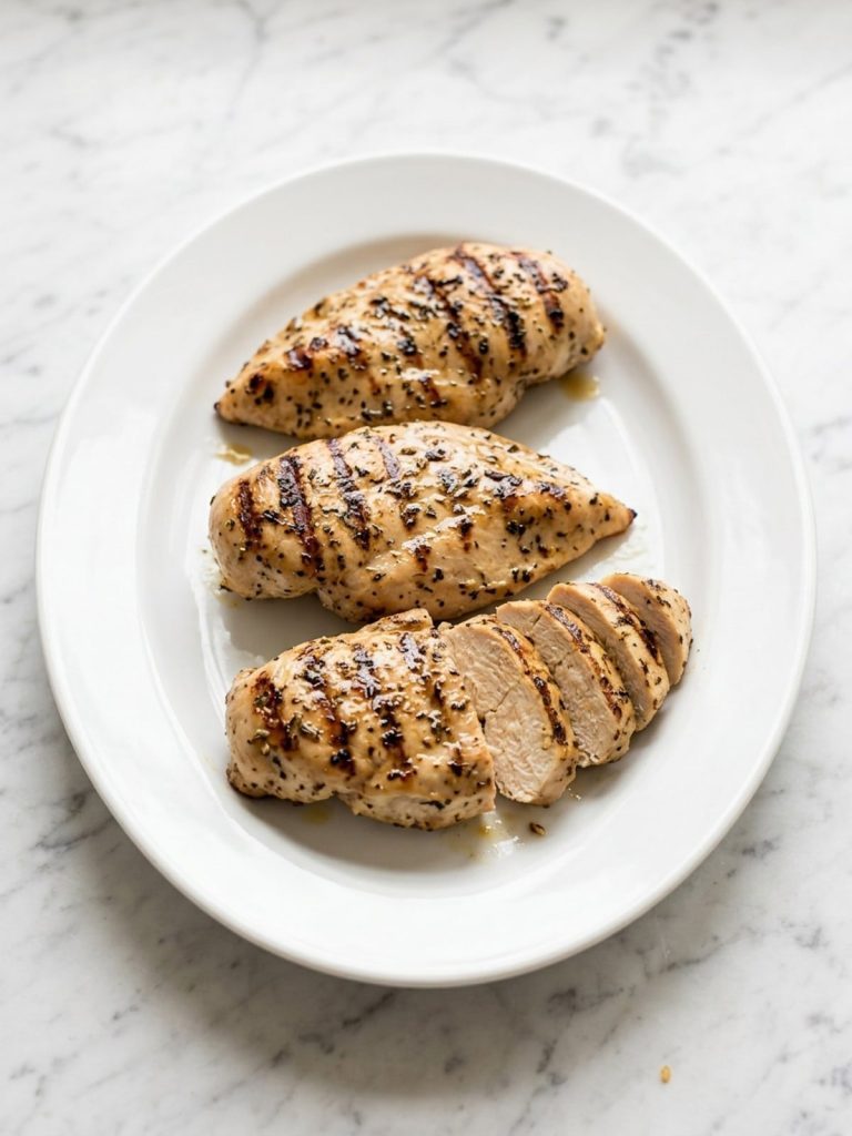 Several grilled chicken breasts with herbs on a platter