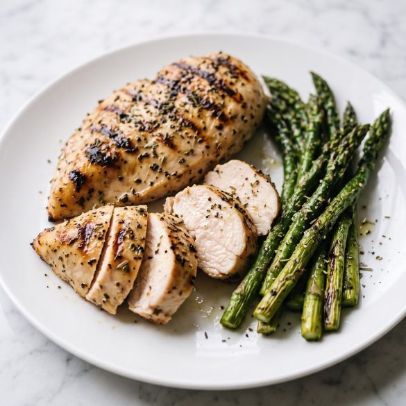 Grilled chicken breast with grill marks, sliced, on a plate with herbs