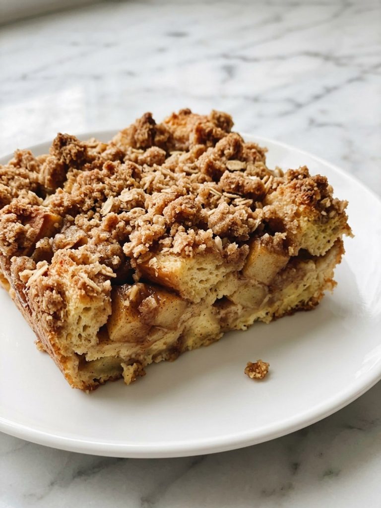 Close view of a served portion showing crumbly cinnamon topping, apple filling, and soft bread.