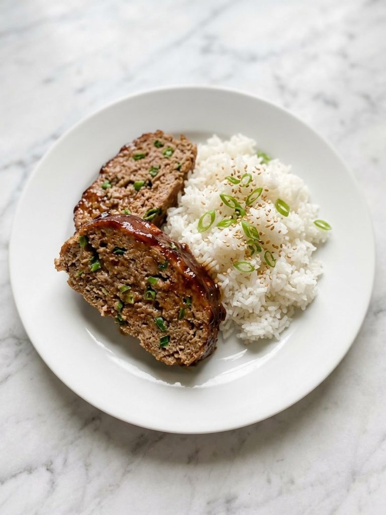 Two slices of hoisin-glazed Asian meatloaf on a plate with steamed white rice