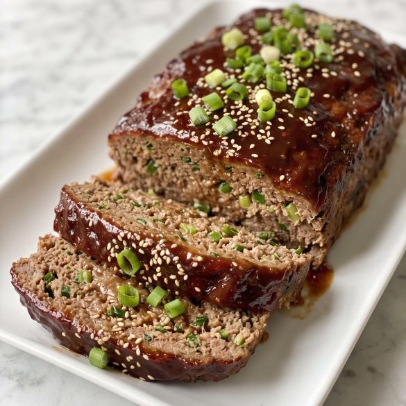 Asian meatloaf with a glossy hoisin glaze, partly sliced, topped with green onions