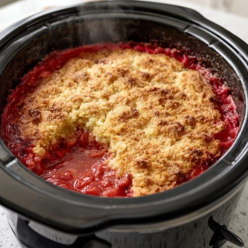 Slow Cooker 3-Ingredient Rhubarb Cobbler