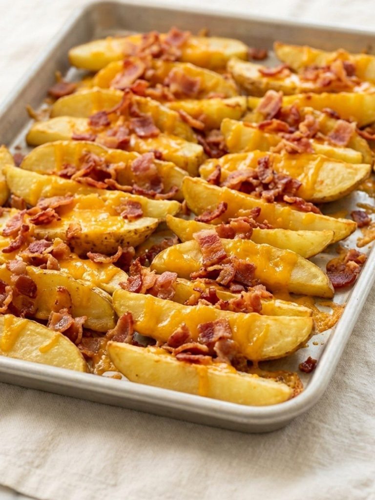 Potato wedges with melted cheddar and bacon on a baking sheet