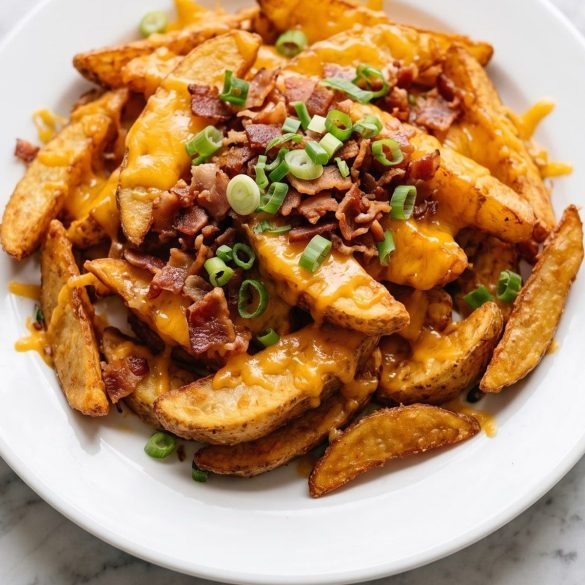 A plate of potato wedges covered in melted cheddar and crumbled bacon