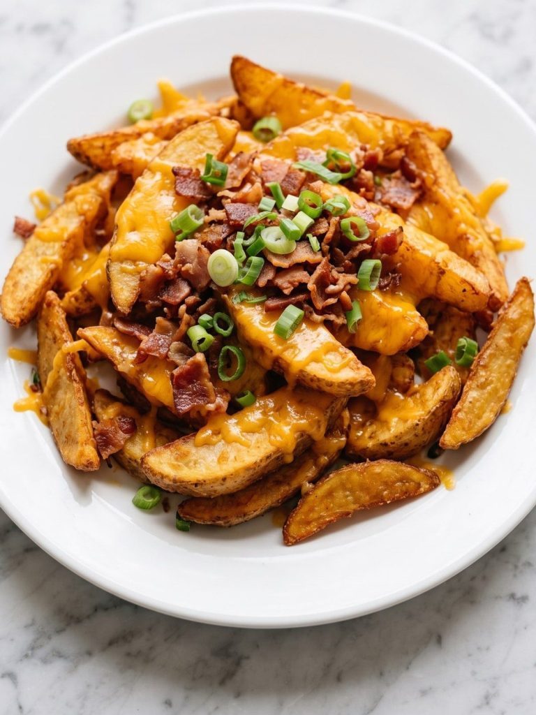 A plate of potato wedges covered in melted cheddar and crumbled bacon
