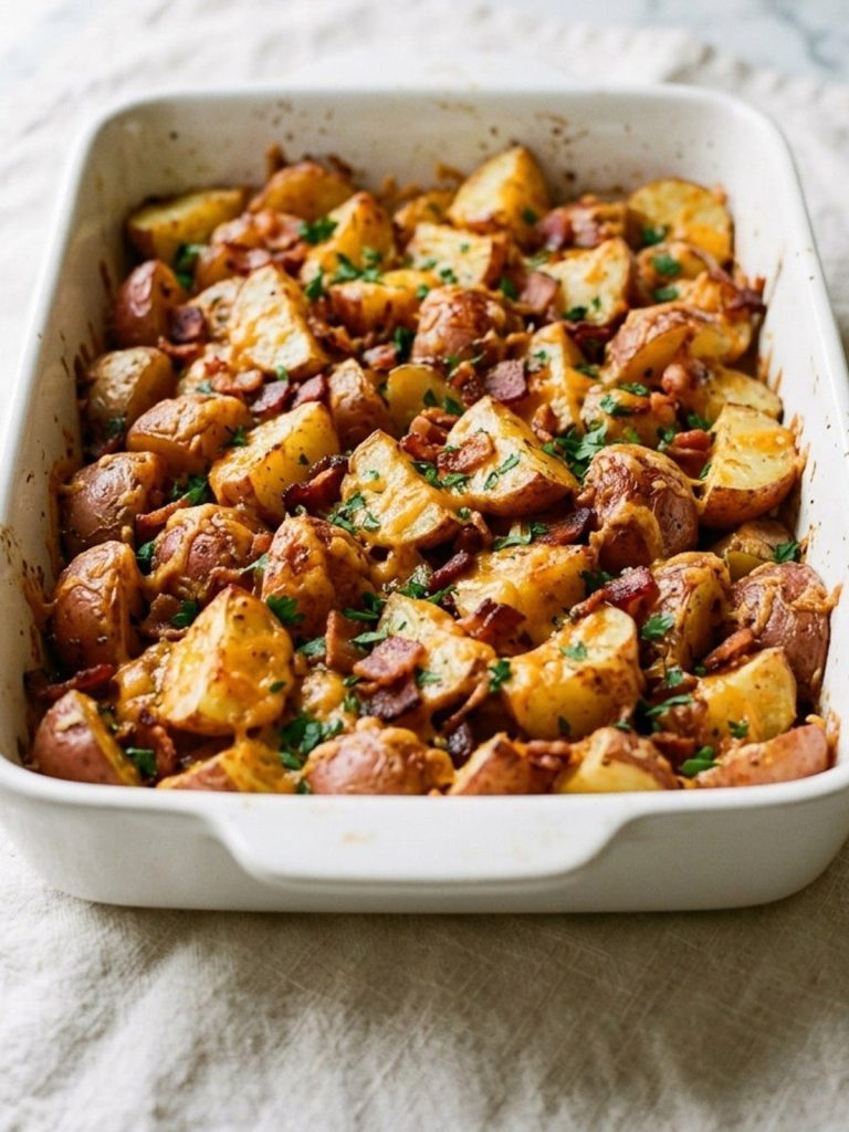 A baking dish of red potatoes with melted cheese and bacon