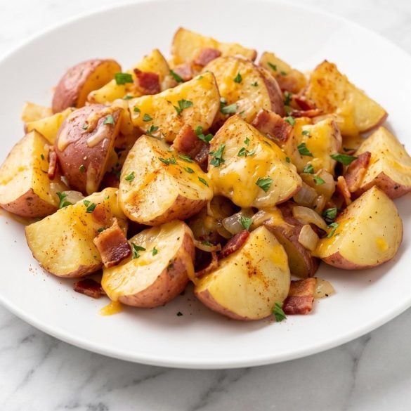 A serving of red potato chunks with melted cheese, crisp bacon and parsley on a plate