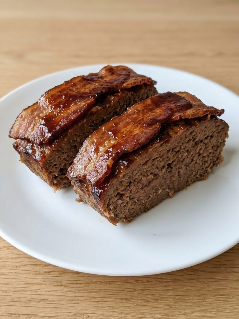 Two slices of bacon-wrapped meatloaf with barbecue glaze on a plate