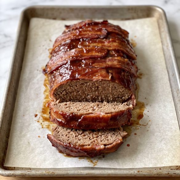 A bacon-wrapped meatloaf with a glossy barbecue glaze on a parchment-lined baking sheet, two slices cut