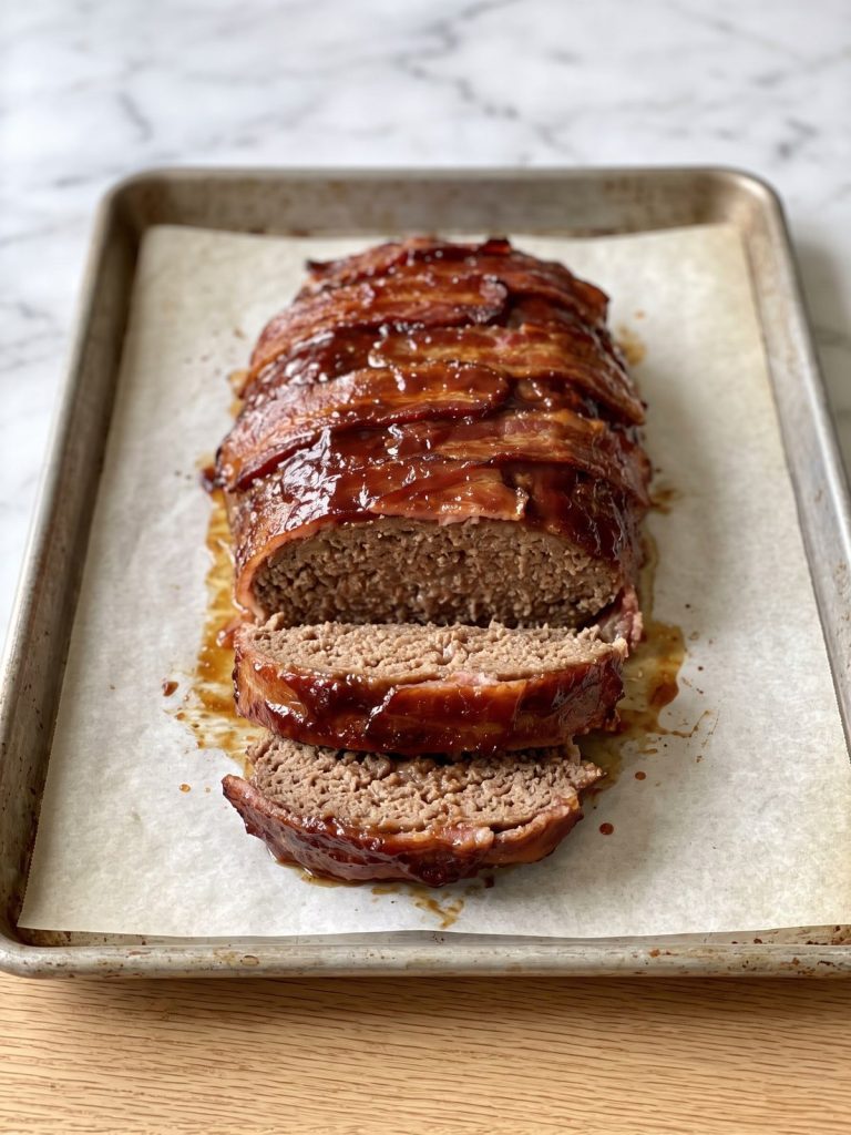 A bacon-wrapped meatloaf with a glossy barbecue glaze on a parchment-lined baking sheet, two slices cut