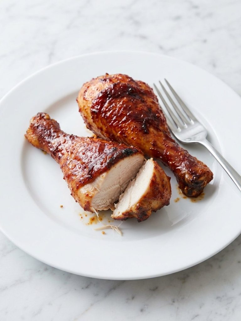A white plate filled with two baked barbecue chicken drumsticks with caramelized sauce