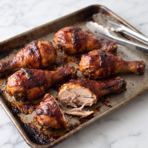 Baked barbecue chicken drumsticks on a rimmed sheet pan, one cut open to show the cooked meat