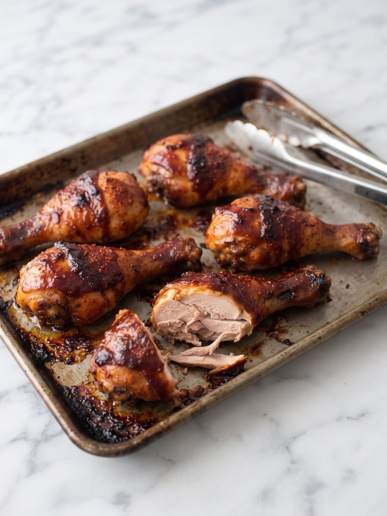 Baked barbecue chicken drumsticks on a rimmed sheet pan, one cut open to show the cooked meat