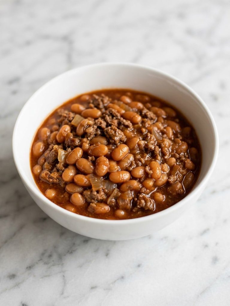 A bowl of baked beans with ground beef in a thick sweet and tangy sauce