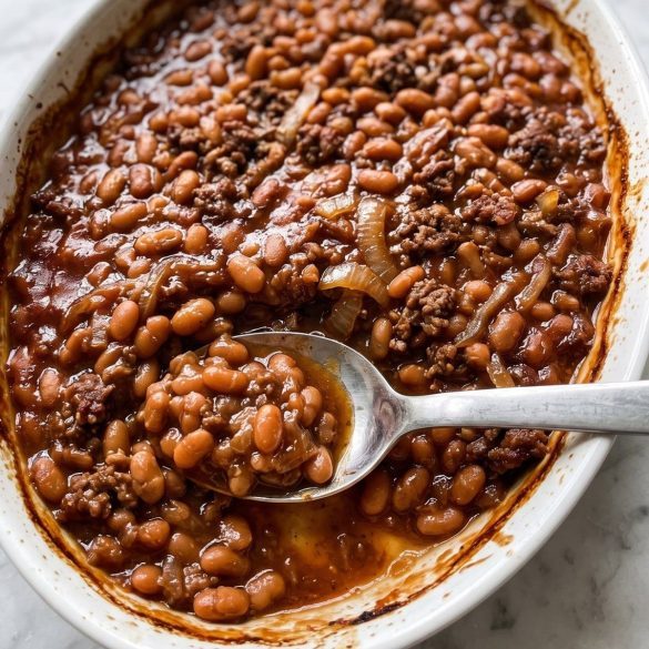 A casserole dish of baked beans with browned ground beef in a glossy brown sugar sauce