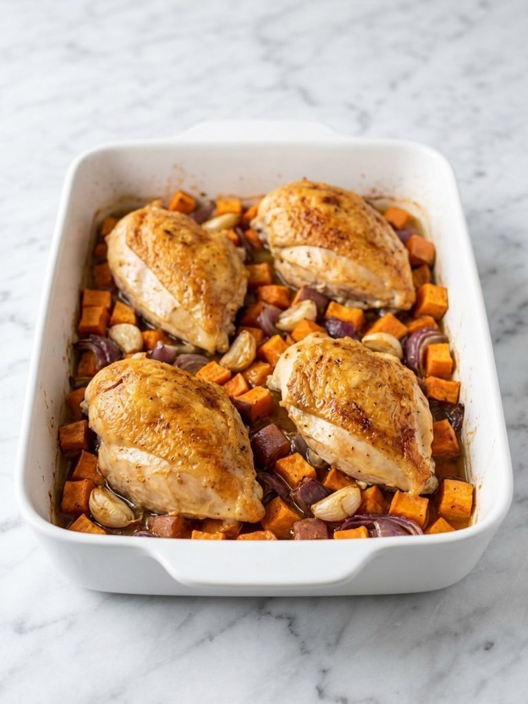 Bone-in chicken breasts roasted over sweet potatoes and red onion in a baking dish