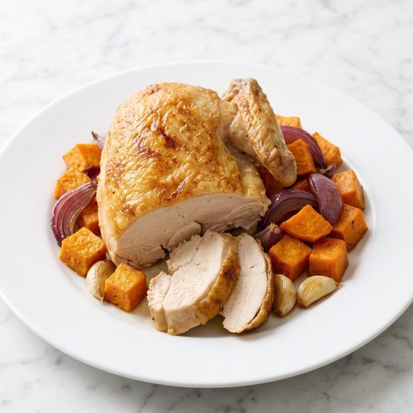 A roasted bone-in chicken breast with sweet potato cubes and red onion on a plate