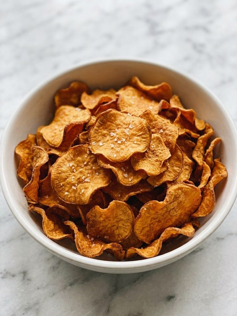 A bowl of crisp baked sweet potato chips with flaky salt