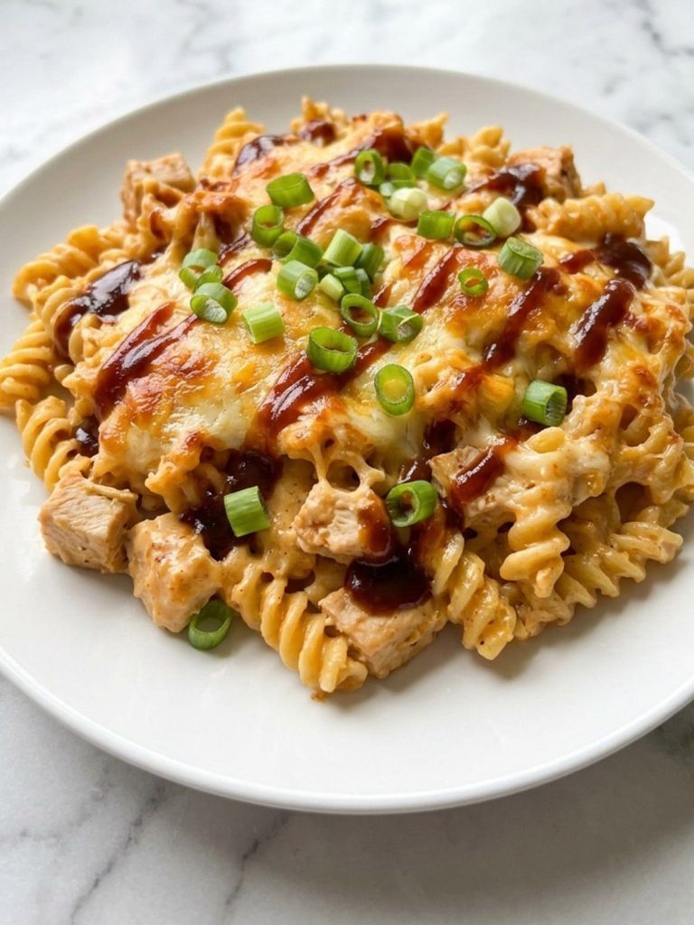 A plate of creamy BBQ chicken pasta bake topped with barbecue sauce and green onions