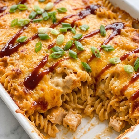BBQ chicken pasta casserole with melted cheddar and a barbecue sauce drizzle in a baking dish