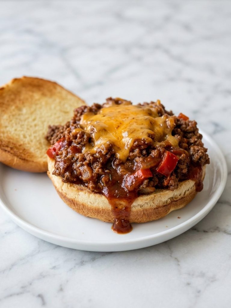 Close view of a spoonful of BBQ sloppy joe filling with melted cheddar