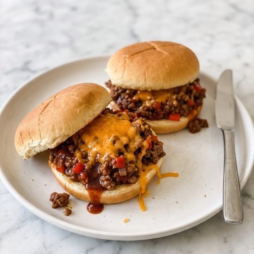 Two BBQ sloppy joe sandwiches on soft buns with melted cheddar on a white plate