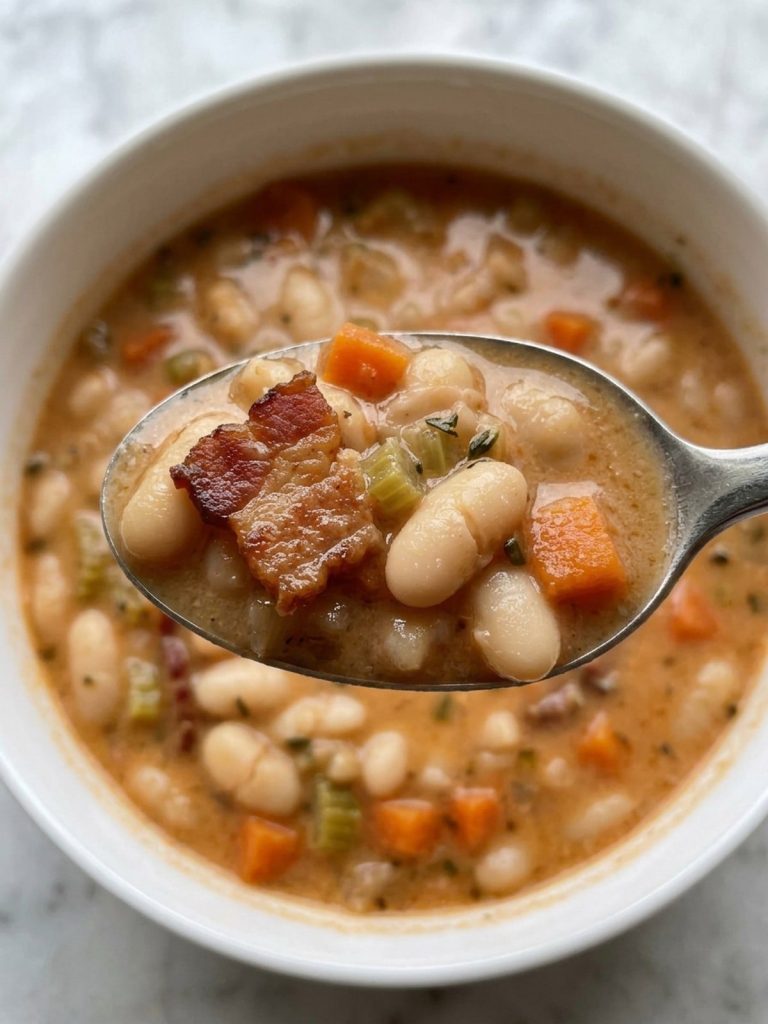 Close view of a spoonful of creamy bean and bacon soup with white beans and bacon