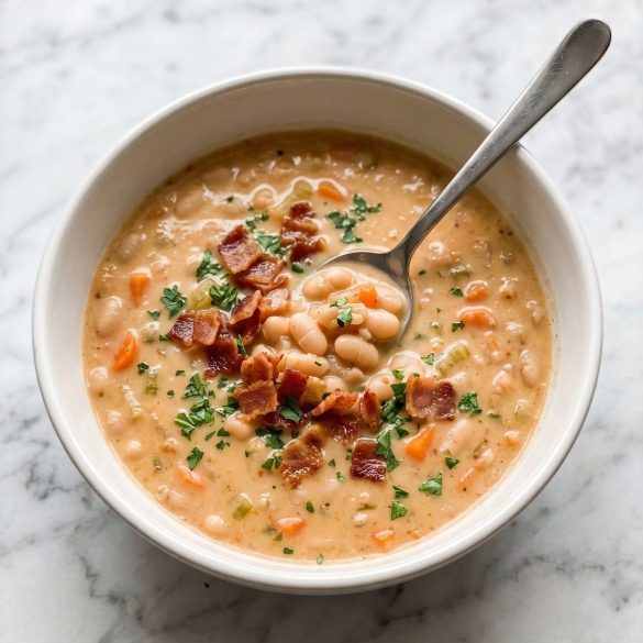 A bowl of thick bean and bacon soup with white beans, carrots and crisp bacon on top