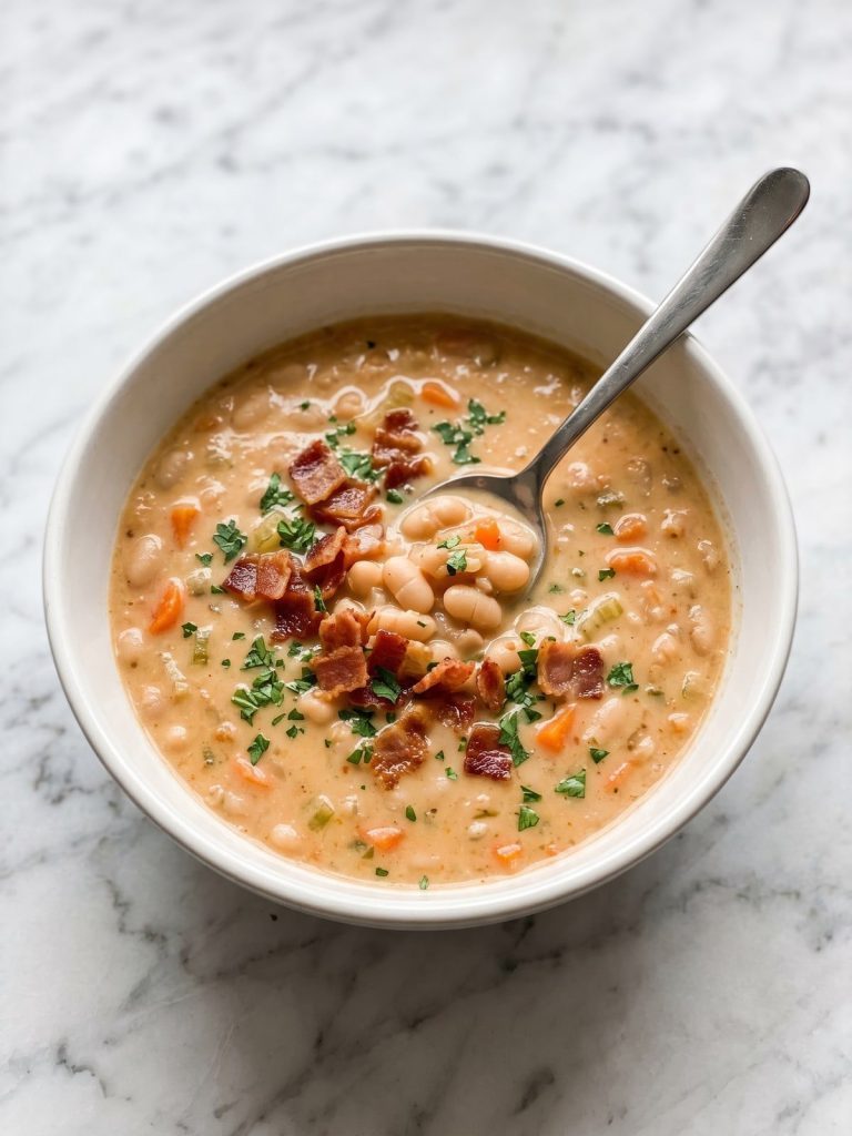 A bowl of thick bean and bacon soup with white beans, carrots and crisp bacon on top