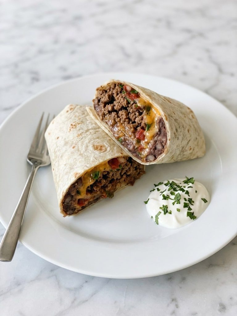A white plate filled with a beef and bean burrito cut in half, showing ground beef, refried beans and melted cheddar inside