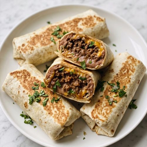 Rolled beef and bean burritos on a wooden board, the front one cut in half to show the beef, bean and cheese filling