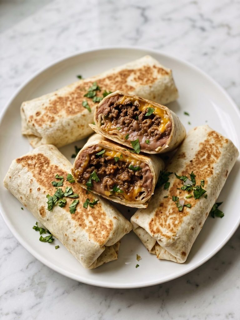 Rolled beef and bean burritos on a wooden board, the front one cut in half to show the beef, bean and cheese filling