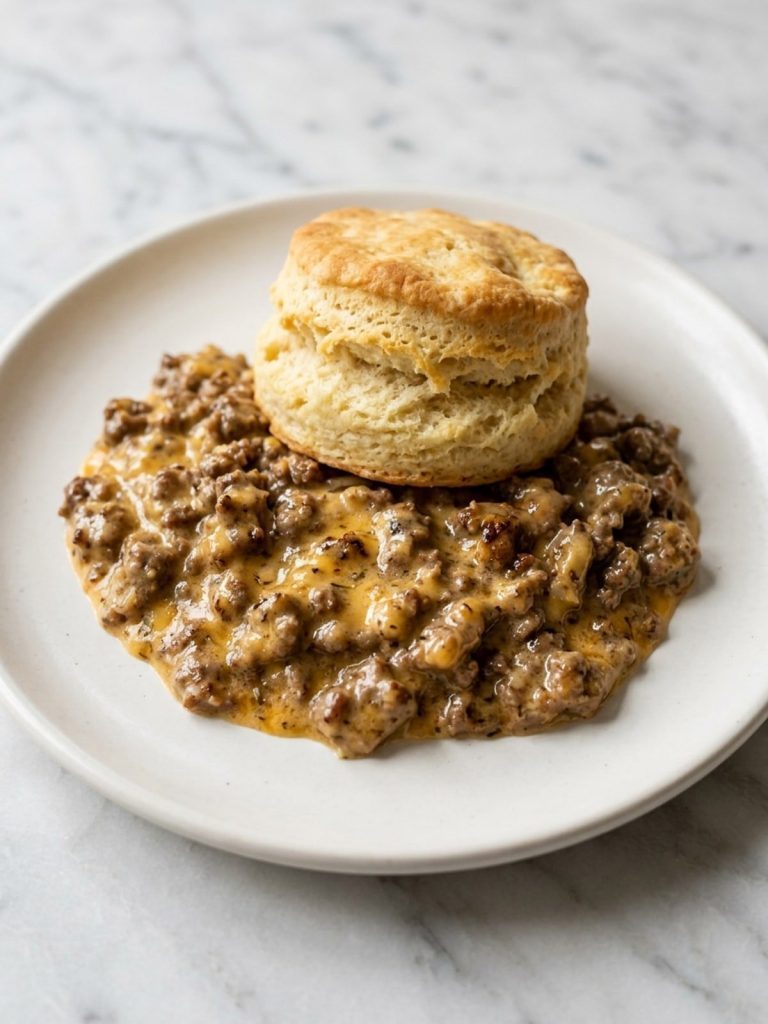 A golden biscuit over creamy cheesy ground beef on a plate