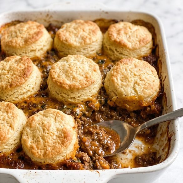 A 9x13 dish of golden biscuits baked over a cheesy ground beef filling