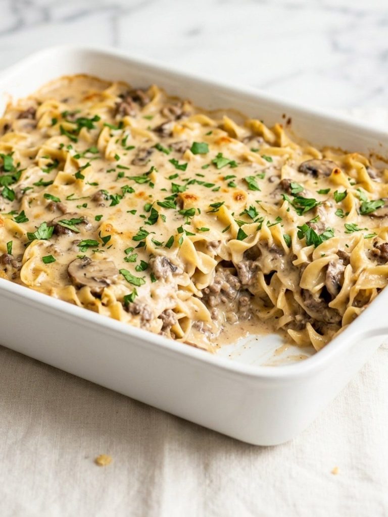 A 13x9 dish of beef stroganoff casserole with a portion served out