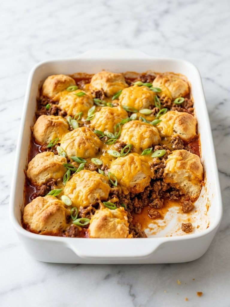 Biscuit taco bake with melted cheddar and green onions in a 9x13 baking dish