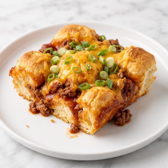 A serving of biscuit taco bake with golden biscuit pieces, taco beef, melted cheddar and green onions