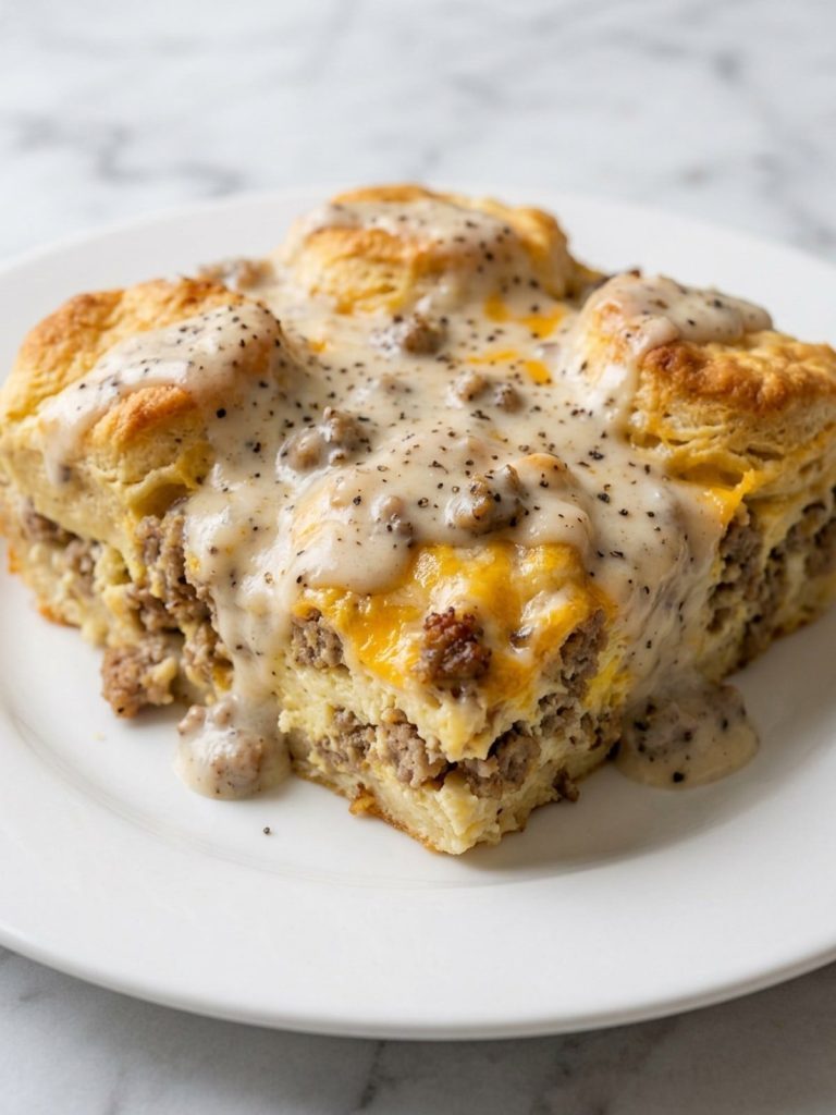 A plate with a square of biscuits and gravy casserole topped with peppered gravy