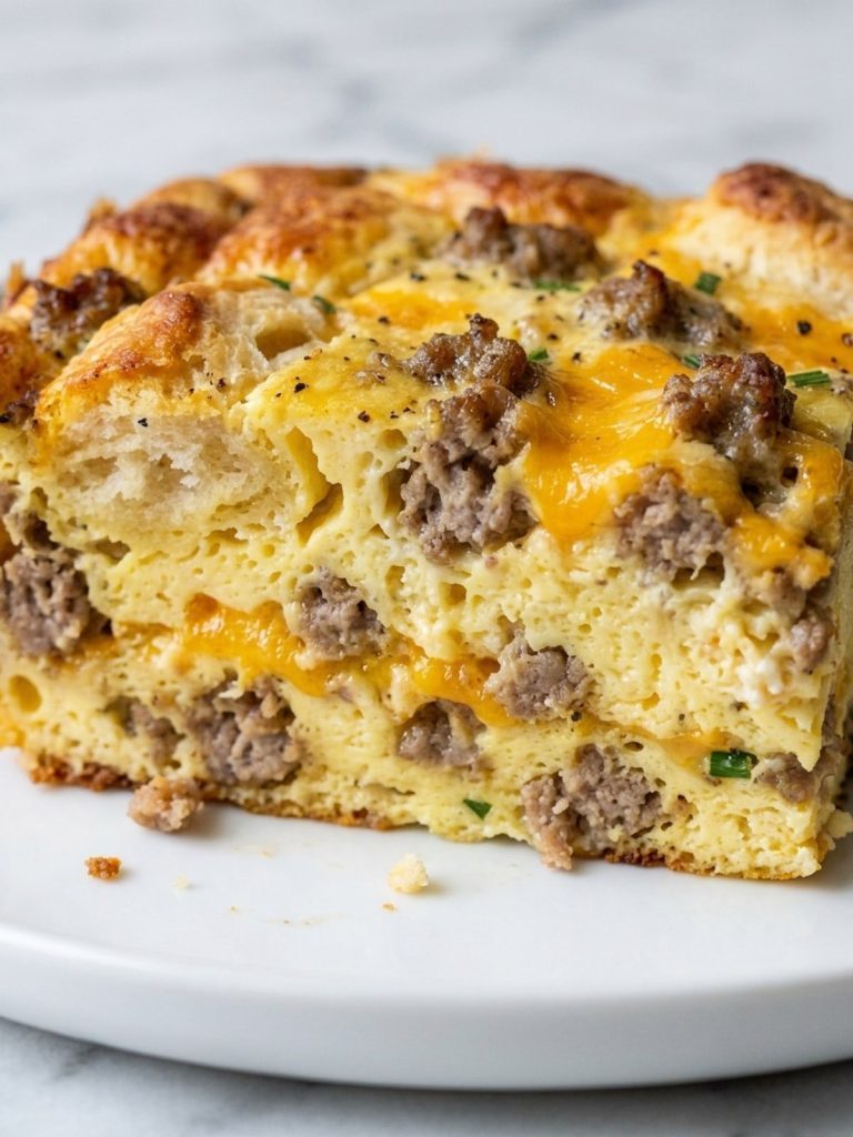 Close view of a square of sausage and cheese Bisquick breakfast casserole