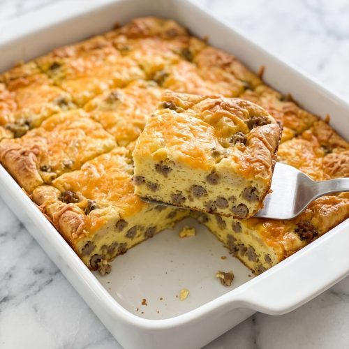 Golden Bisquick sausage breakfast casserole in a white 9x13 baking dish with one square lifted out