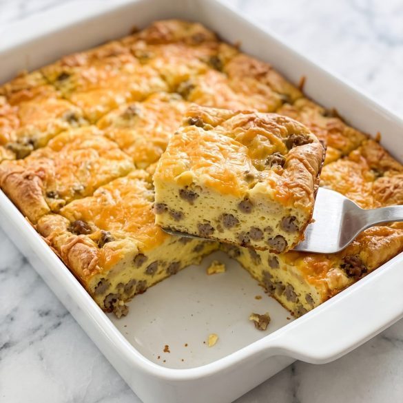 Golden Bisquick sausage breakfast casserole in a white 9x13 baking dish with one square lifted out
